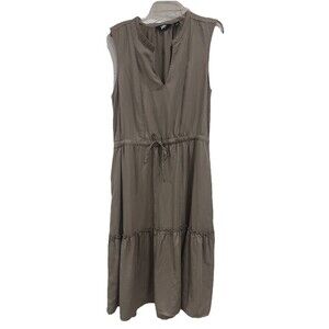 Lands' End Sz M Lyocell Sleeveless Midi Dress Khaki Tan Tiered Drawstring Waist